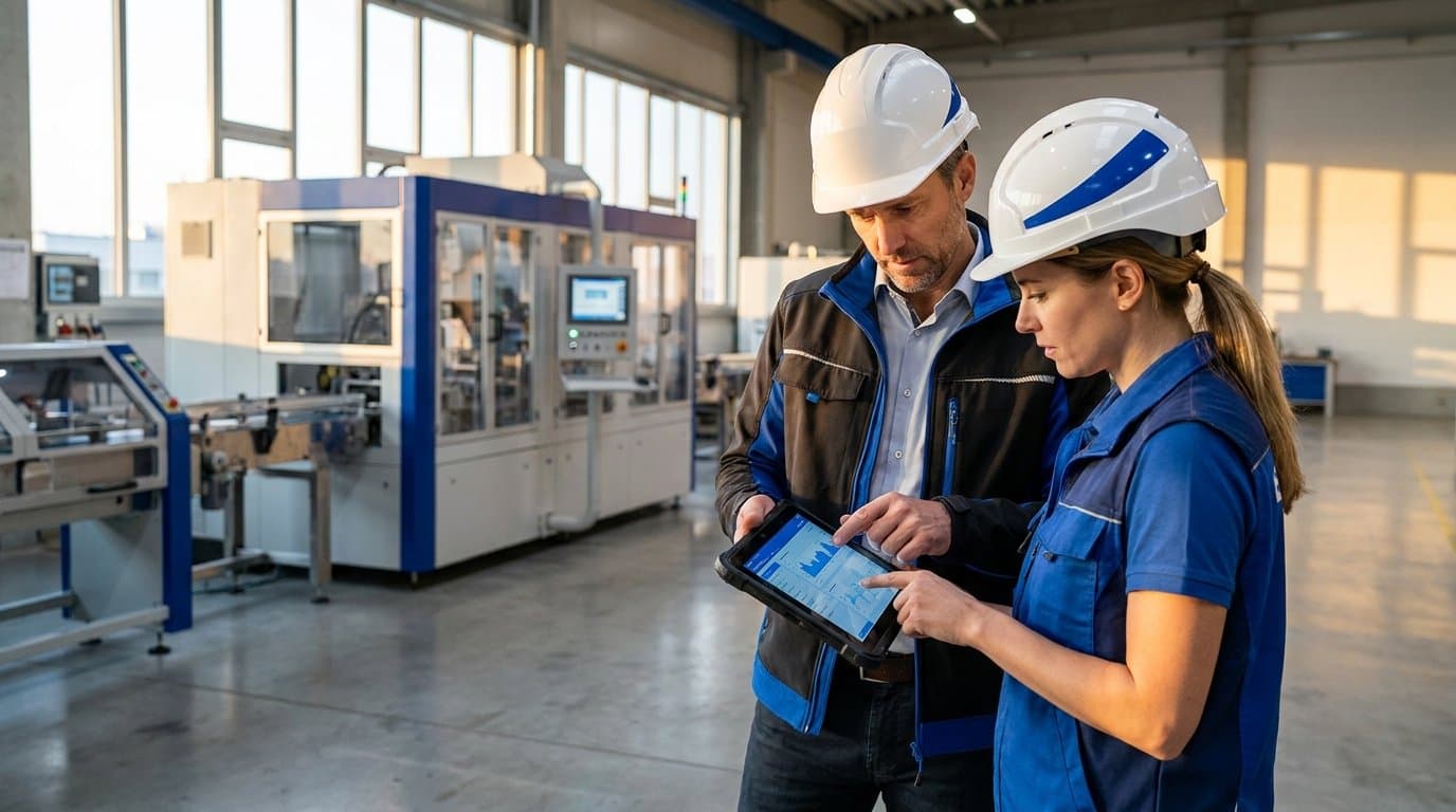 Gestor industrial e engenheira analisando custos de produção no chão de fábrica